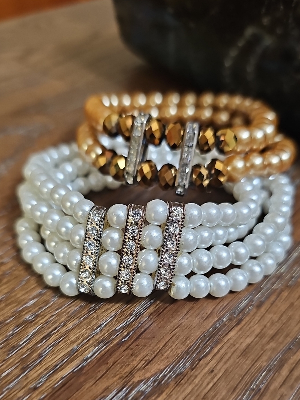 Set of Two Y2K Elegant Pearl Rhinestone Beaded Stretch Bracelets
